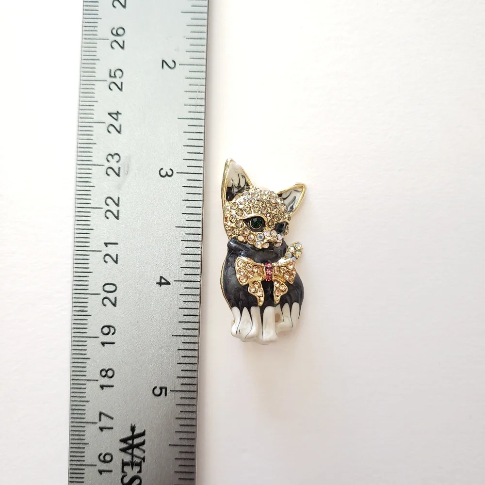 Sweet Kitty Cat Kitten with Bow Rhinestone Brooch Enamel Pin/Pend Cat Lover gift - Picture 9 of 9